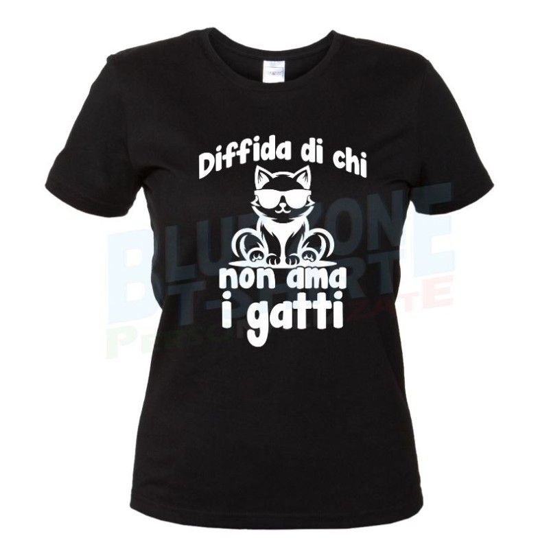 Diffida di chi non Ama i Gatti Maglietta Donna cotone nera