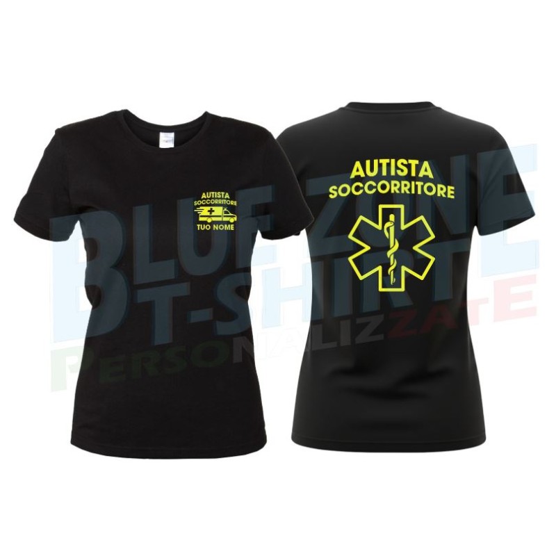 Maglietta Donna Autista Soccorritore nera giallo neon