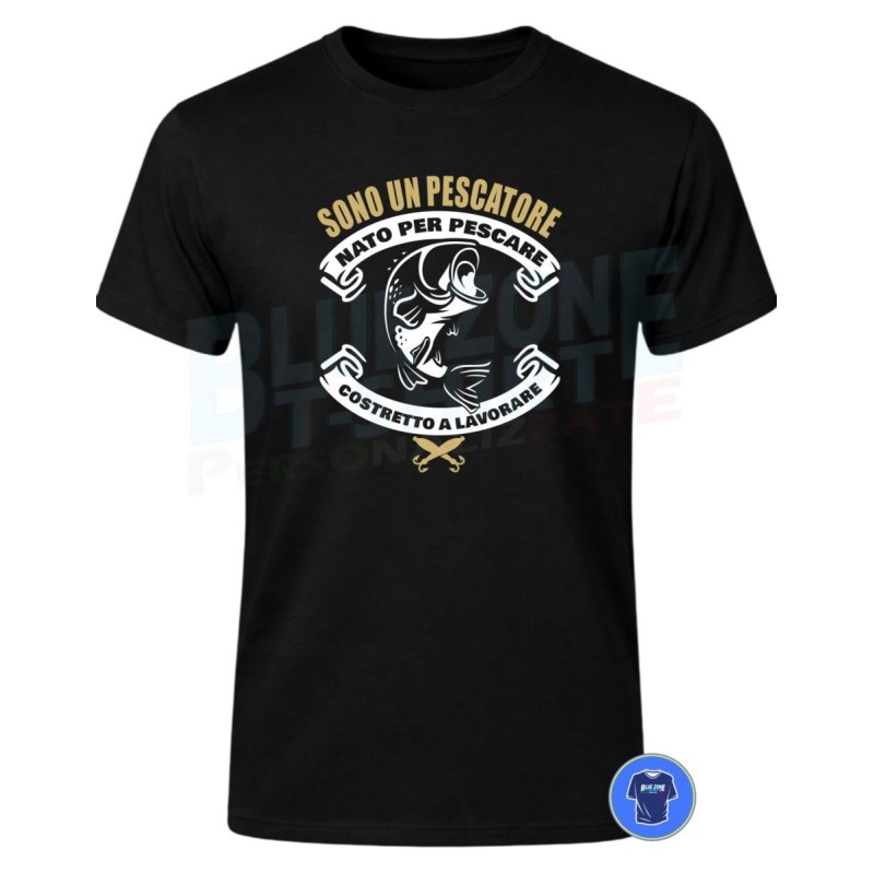 Maglietta uomo Nato per Pescare Costretto a Lavorare con stampa divertente pescatore nera