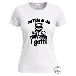 maglietta donna diffida di chi non ama i gatti bianca