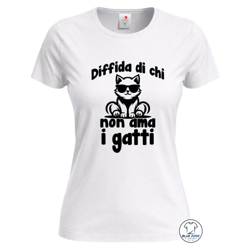 maglietta donna diffida di chi non ama i gatti bianca