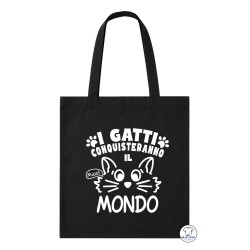 shopper cotone nera con grafica i gatti conquisteranno il mondo
