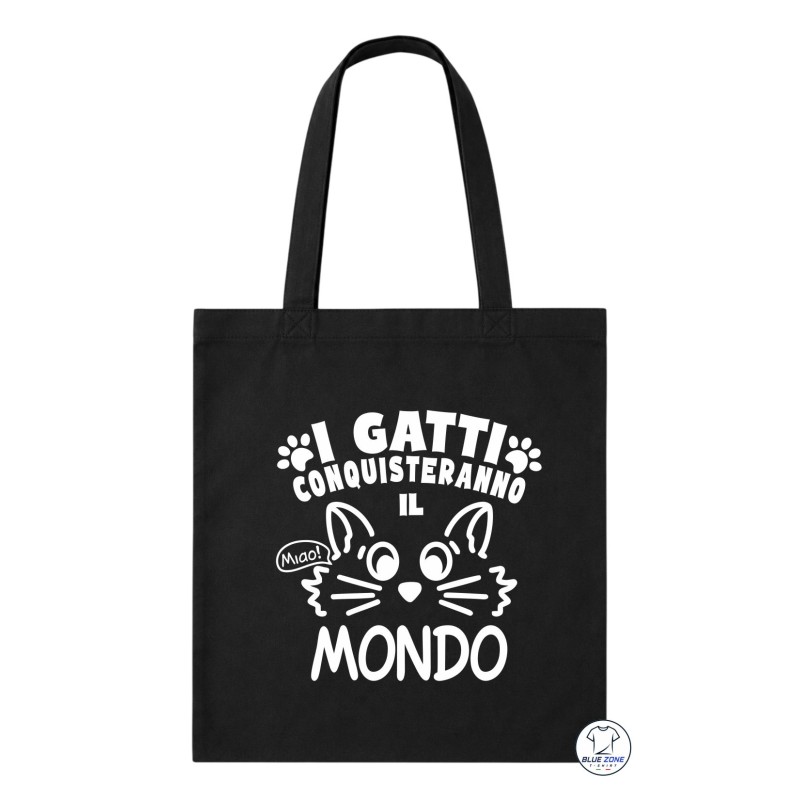 shopper cotone nera con grafica i gatti conquisteranno il mondo