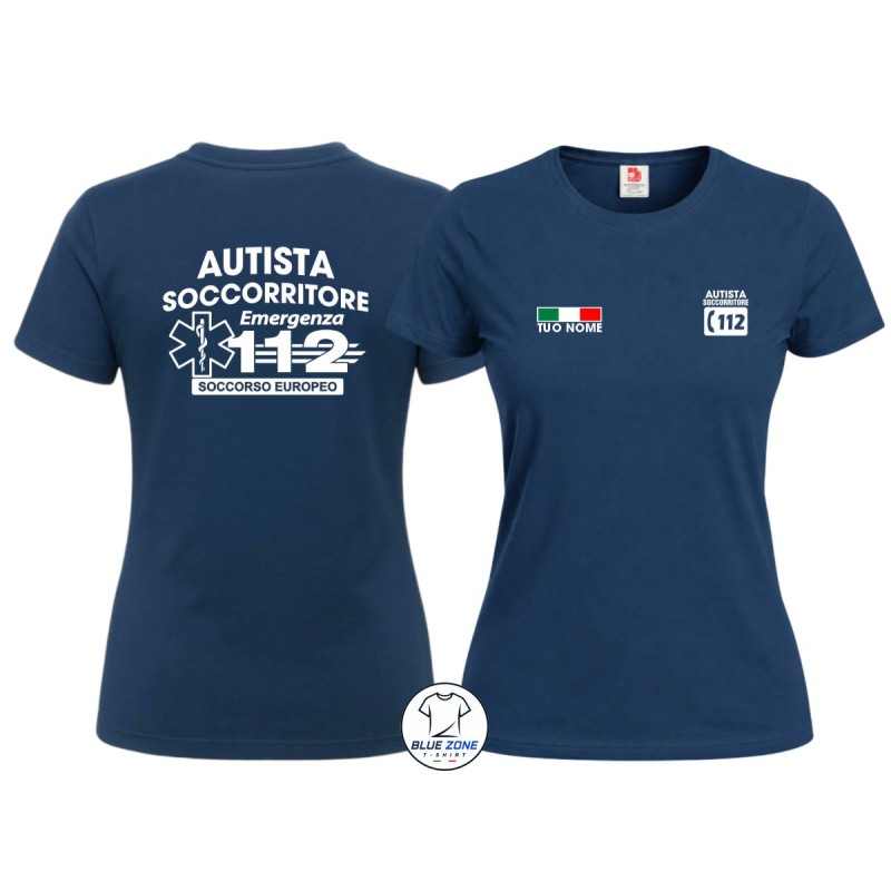 Maglietta donna Autista Soccorritore 112 con nome blu navy