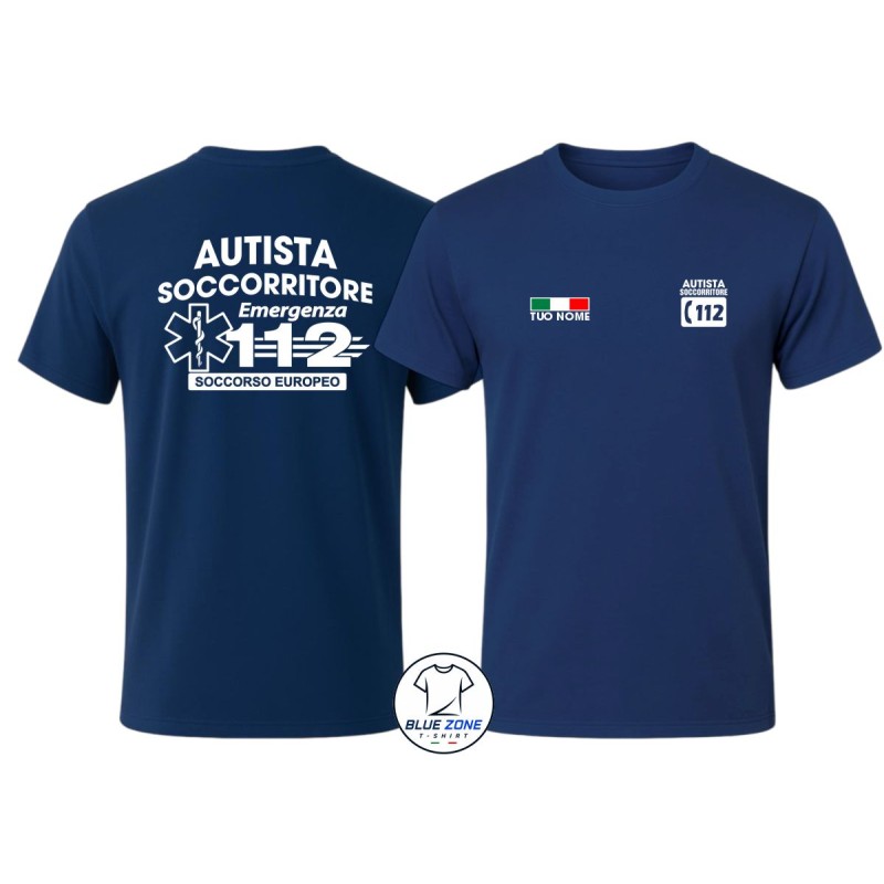 Maglietta uomo Autista Soccorritore 112 con nome blu navy