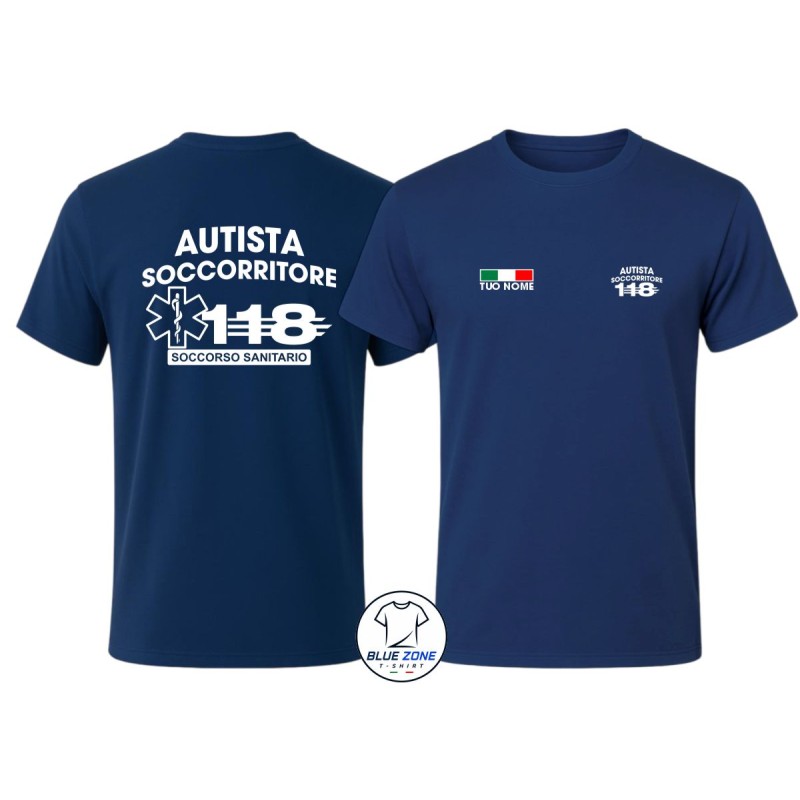 Maglietta uomo Autista Soccorritore blu 118 con nome
