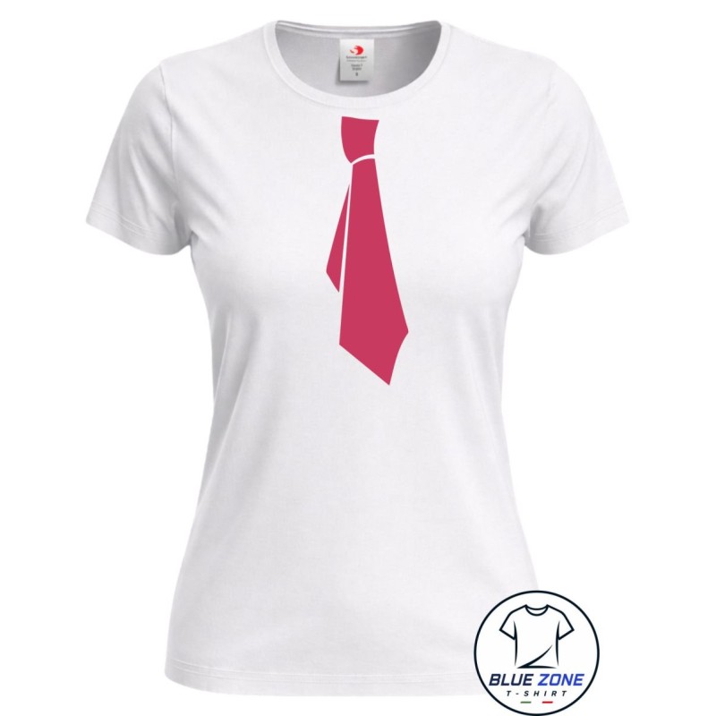 Maglietta bianca donna divertente con cravatta Rosa Fluo