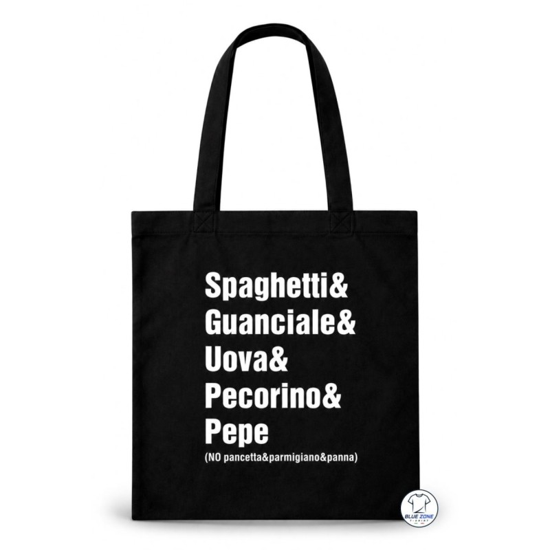 Shopper nera Spaghetti alla Carbonara in cotone con ingredienti
