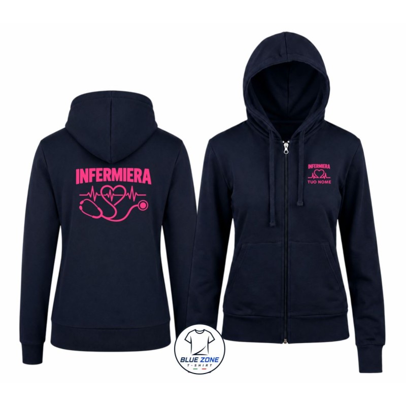 Felpa donna infermiera blu notte con cappuccio e zip personalizzata fronte e retro