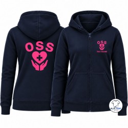 Felpa donna OSS blu notte con cappuccio stampa rosa fluo fronte e retro