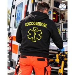 Felpa blu notte uomo Autista Soccorritore indossata vicino a un'ambulanza