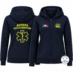 Felpa donna blu notte Autista Soccorritore con stampa giallo fluo vista fronte e retro