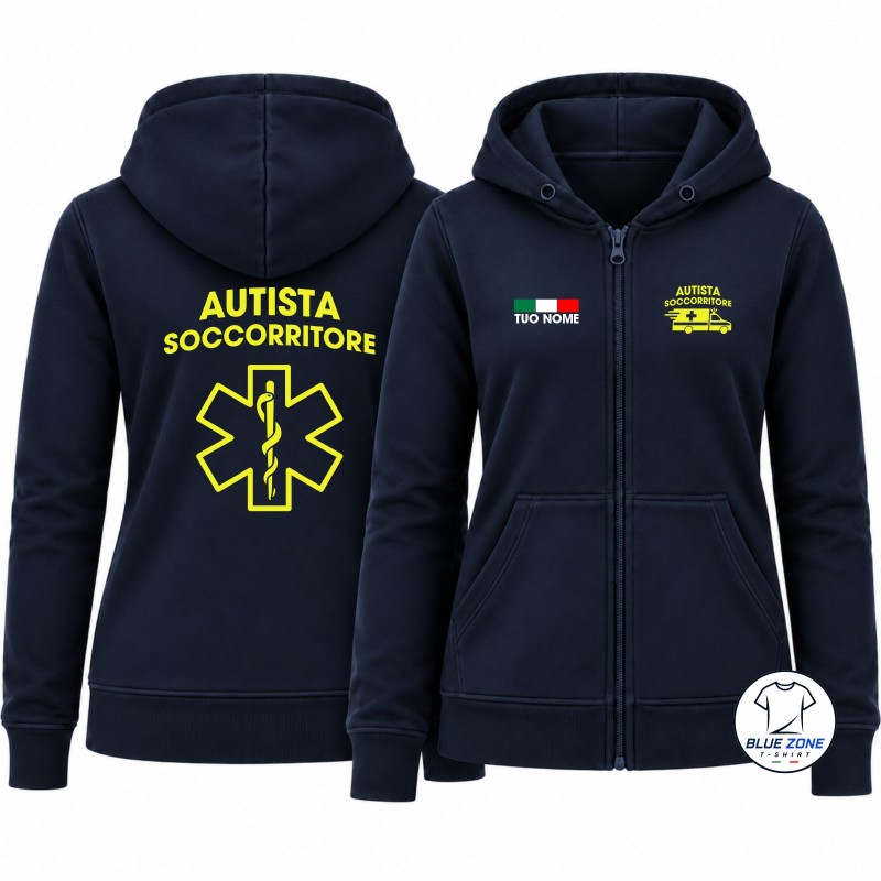 Felpa donna blu notte Autista Soccorritore con stampa giallo fluo vista fronte e retro