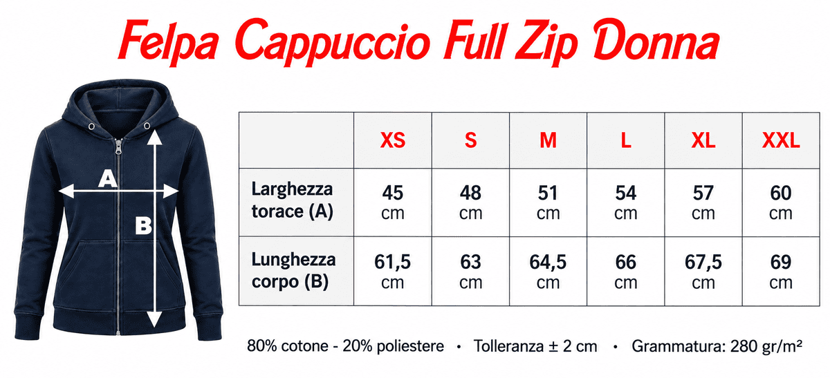 Guida taglie felpa donna con cappuccio e zip Soccorritore personalizzata