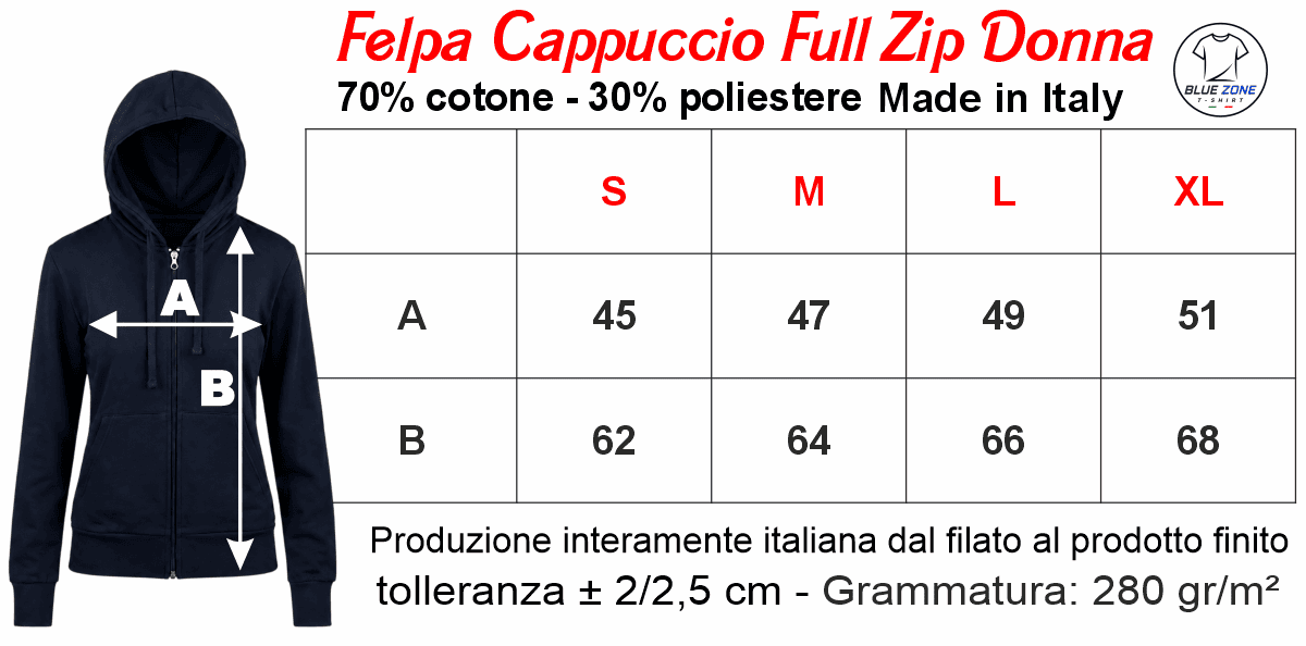 Guida taglie felpa donna con cappuccio e zip Infermiera